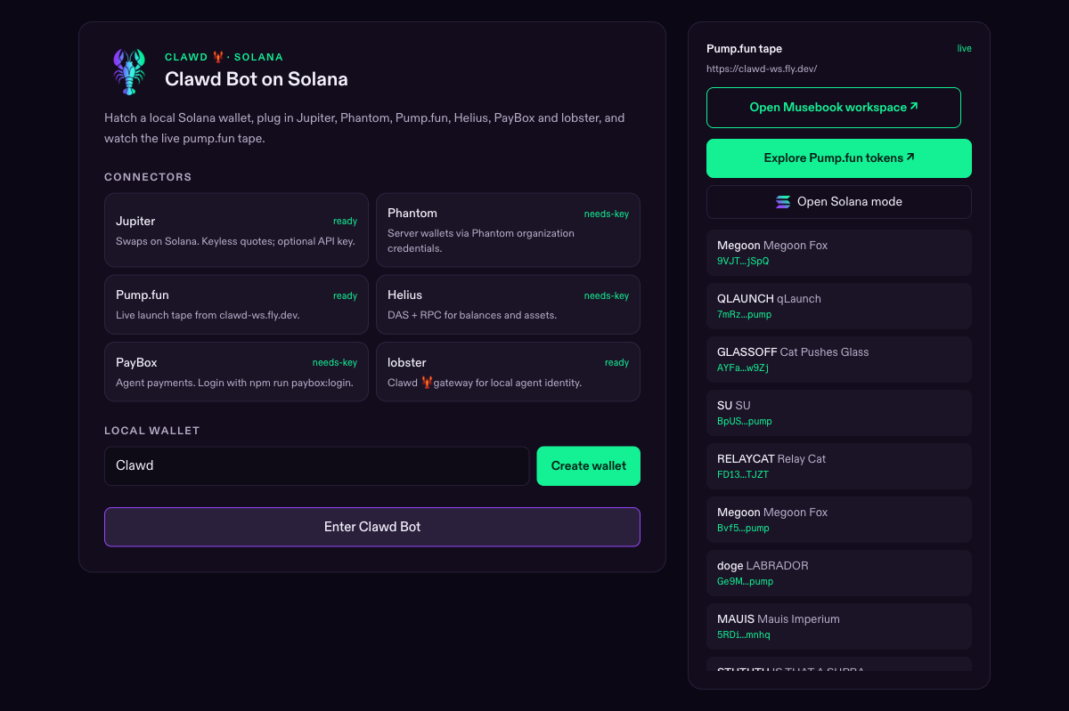 Screenshot of Clawd Bot’s dark Solana workspace, connected apps, and live token radar